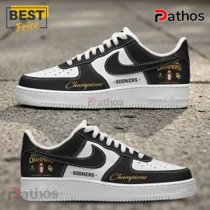 Oklahoma Sooners custom black and white leather sneakers featuring gold Champions text, trophy graphics, and OU logo.!