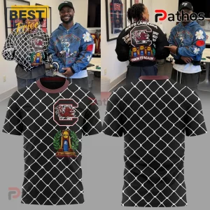 South Carolina Gamecocks championship t-shirt featuring white grid pattern on black fabric with NCAA trophy graphic.!