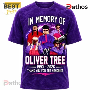 Oliver Tree In Memory Of 1993-2026 Retro Purple T-Shirt 4 Oliver Tree memorial t-shirt with purple tie-dye pattern, featuring multiple poses of the artist in sunglasses.!