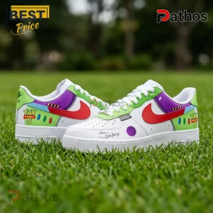 Buzz Lightyear x Taylor Swift Toy Story 5 Air Force 1 Sneakers 2 Custom Buzz Lightyear themed sneakers with white, purple, green, and red details on green grass.!