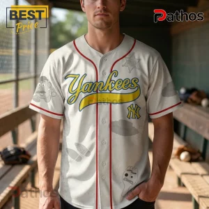 Toy Story 5 x New York Yankees Limited Edition Baseball Jersey 2 Off-white button-down baseball jersey with yellow Yankees logo, Sheriff badge, Mr. Potato Head, and Forky graphic designs.!