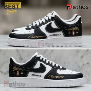 Oklahoma Sooners custom low-top sneakers in black and white with gold National Champions text and trophy graphic on heel.!