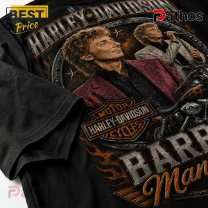 Black cotton t-shirt featuring Barry Manilow portrait, Harley-Davidson logo, orange flame graphics, and metallic text.!