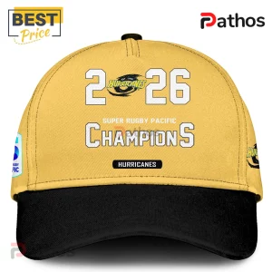 Yellow and black Hurricanes Super Rugby Pacific 2026 Champions baseball cap with printed text and team logos.!