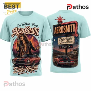 Aerosmith Road Trip Vibes Route 1973 Retro Car Graphic T-Shirt 1 Light blue Aerosmith graphic t-shirt featuring Steven Tyler singing on the front and a classic muscle car on the back.!