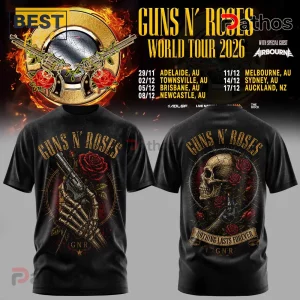 Black cotton t-shirt with Guns N' Roses skeleton hand and skull graphic art featuring red roses and text Nothing Lasts Forever.!
