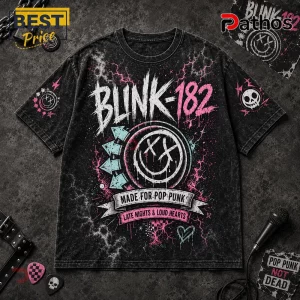Blink-182 All The Small Things Band Merch Black Shirt 1 Blink-182 black acid wash t-shirt with pink and light blue graffiti graphics, featuring a smiley face and text.!