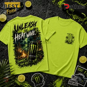 Monster Energy Neon Green Summer Runs Wild T-Shirt 2 Neon green Monster Energy t-shirt with beach bonfire graphic, palm trees, lightning, and Summer Runs Wild text print.!