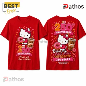 Hello Kitty x Dunkin Donuts 250th Anniversary Special Edition T-Shirt 1 Red t-shirt featuring Hello Kitty holding a Dunkin donut and iced coffee with 250th Anniversary text graphic.!