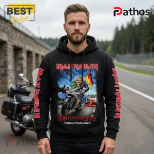 Black hoodie featuring Iron Maiden Run For Your Lives 2026 tour graphic with Eddie on a motorcycle and a German flag.!