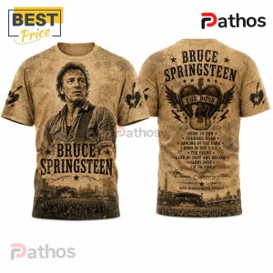 Bruce Springsteen Rock and Roll Never Forgets Timeless T-Shirt 1 Bruce Springsteen tan graphic t-shirt featuring a concert photo, guitar wings, song titles, and signature on cotton blend.!