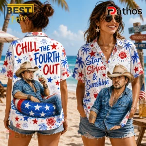 Button-up shirt with American flag colors, stars, and palm tree print featuring a man in a cowboy hat holding a drink.!