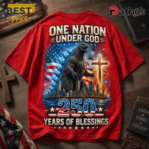 Godzilla 250 Years Of Blessings Red T-Shirt 2 Red graphic t-shirt featuring Godzilla, an American flag, a glowing cross, and text One Nation Under God 250 Years.!