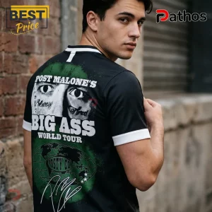 Black ringer t-shirt featuring a Post Malone graphic, facial portrait, and text reading Big Ass World Tour and Posty Co.!