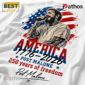 Post Malone illustration on white t-shirt with American flag background, text reading America 1776-2026 and signature.!