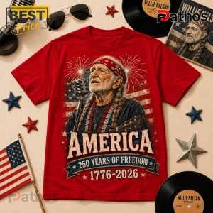 Willie Nelson America 250th Anniversary Music Legend T-Shirt 2 Red graphic t-shirt featuring Willie Nelson, American flag background, fireworks, and text 1776-2026 250 Years of Freedom.!