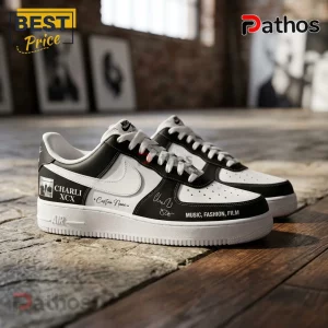2026 Charli XCX Custom Air Force 1 Sneakers Limited Edition 2 Custom Nike Air Force 1 sneakers in black and white featuring Charli XCX branding, autograph, and music industry text.!