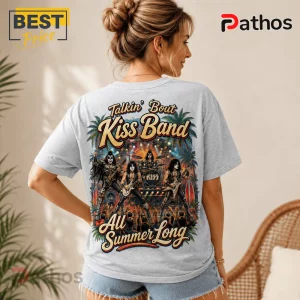 Grey cotton t-shirt featuring a vintage Kiss band concert graphic with palm trees and retro typography on the back.!