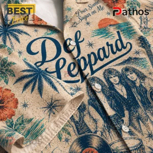 Def Leppard button-down shirt in beige with blue ink-style band graphics, palm trees, hibiscus flowers, and ocean sunset.!