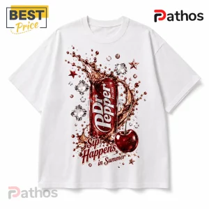 White t-shirt featuring a Dr Pepper soda can graphic, ice cubes, cherry, and text reading Sip Happens in Summer.!