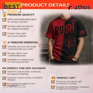 Split-design red and black distressed Rush 2112 cotton t-shirt with a center starman graphic and visible stitched seam.!