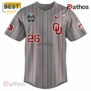 Grey Oklahoma Sooners baseball jersey with red pinstripes, Nike swoosh, NCAA College World Series patch, and number 26.!