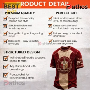 Kappa Alpha Psi fraternity t-shirt in deep red with gold Greek patterns, crest logo, and 1911 text on a light background.!
