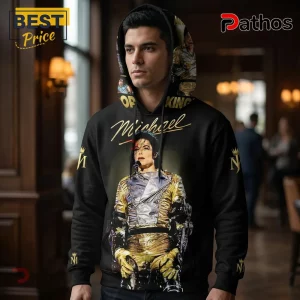 Michael Jackson King of Pop Gold Stage Outfit Graphic Hoodie 4 Black pullover hoodie featuring a gold and silver graphic of Michael Jackson and crown logos on sleeves.!