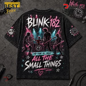 Blink-182 All The Small Things Band Merch Black Shirt 2 Black acid-wash graphic t-shirt featuring a Blink-182 stage performance with pink and blue ink screen-printed accents.!