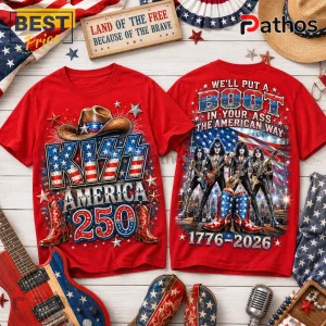 Red KISS band t-shirts featuring American flag motifs, cowboy boots, and text celebrating the 1776-2026 anniversary.!