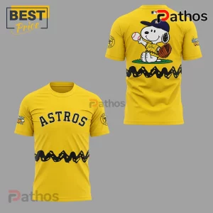 Snoopy x Houston Astros MLB Peanuts Night Collectible T-Shirt 4 Yellow Houston Astros T-shirt with Snoopy baseball graphic on back, team logo on sleeve, and zig-zag hem print.!