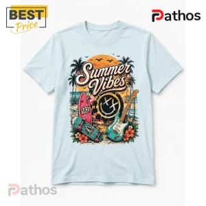 Blink-182 All Summer Long Pop Punk Graphic T-Shirt 3 Light blue crew neck t-shirt featuring a Summer Vibes graphic with a surfboard, skateboard, electric guitar, and sun.!