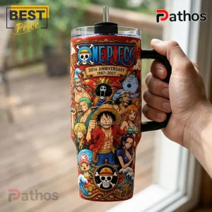 One Piece 30th Anniversary Stainless Steel Insulated Tumbler 3 One Piece 30th anniversary insulated steel tumbler with straw featuring Luffy, Zoro, Nami, and crew on a red background.!