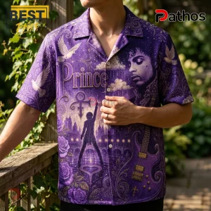 Prince tribute Hawaiian shirt in purple featuring singer portrait, doves, roses, and electric guitar print on fabric.!