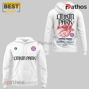 Linkin Park x FC Bayern Munich From Zero 2026 World Tour Collectible Hoodie 2 White Linkin Park hoodie featuring FC Bayern Munich logo, angel graphic on back, and From Zero world tour text details.!