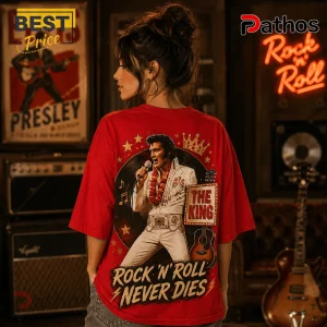 Woman wearing oversized red t-shirt with Elvis Presley graphic, crown, guitar, and text reading Rock N Roll Never Dies.!