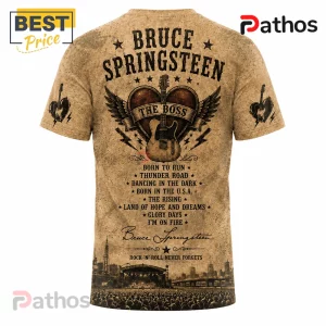 Bruce Springsteen Rock and Roll Never Forgets Timeless T-Shirt 3 Bruce Springsteen t-shirt with brown vintage texture, guitar graphic, concert stage print, and song titles listed on back.!