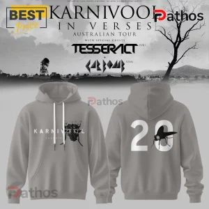 Grey pullover hoodie featuring Karnivool band logo, insect graphic, and large number 20 print on the back.!