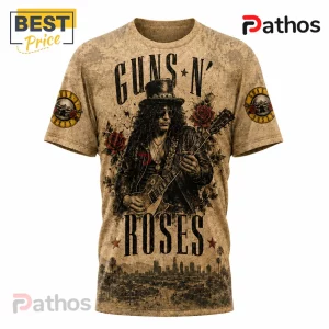 Guns N' Roses graphic t-shirt featuring Slash playing guitar with red roses and a sepia tone Los Angeles city background.!