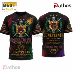 Omega Psi Phi Fraternity Juneteenth 1911 Legacy Black Shirt 2 Omega Psi Phi Juneteenth black t-shirt with knight shield crest, raised fist, and vibrant red, gold, green accents.!