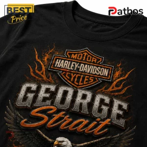 Black cotton t-shirt featuring a Harley-Davidson logo, orange flames, and George Strait text with a bald eagle graphic.!