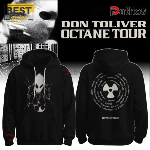 Black hooded sweatshirt with Don Toliver Octane Tour logo, white mask graphic on front, and radiation symbol on back.!