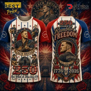 Zach Bryan graphic t-shirt with red and blue sleeves, patriotic 1776, 250 years, and Burn Burn Burn tour motifs.!