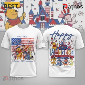 Winnie the Pooh Patriotic America 250th Anniversary Shirt 3 White t-shirt featuring Winnie the Pooh characters and American flag graphics celebrating the 1776-2026 anniversary.!