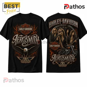 Black cotton t-shirt featuring Aerosmith logo, bald eagle, and band members on a motorcycle with Harley-Davidson branding.!