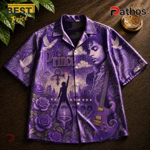 Prince tribute Hawaiian shirt in purple with roses, doves, guitar, and silhouette imagery on a button-down fabric.!