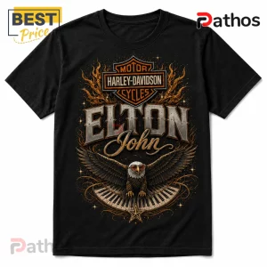 Black cotton t-shirt featuring a Harley-Davidson logo, Elton John typography, a bald eagle wearing glasses, and piano keys.!