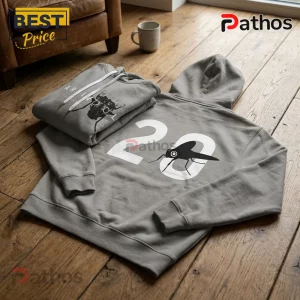 Grey cotton pullover hoodies featuring a large white 20 and black insect graphic on the back, lying on wooden floorboards.!