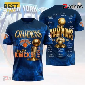 New York Knicks 2026 championship t-shirt featuring basketball trophy, team logo, and player signatures in blue and gold.!