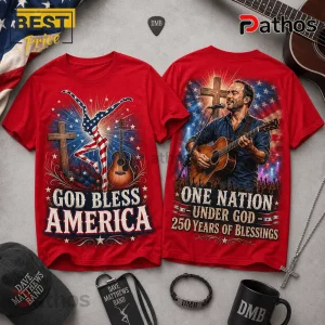 Two red t-shirts featuring Dave Matthews Band graphics, American flags, acoustic guitars, and religious cross motifs.!